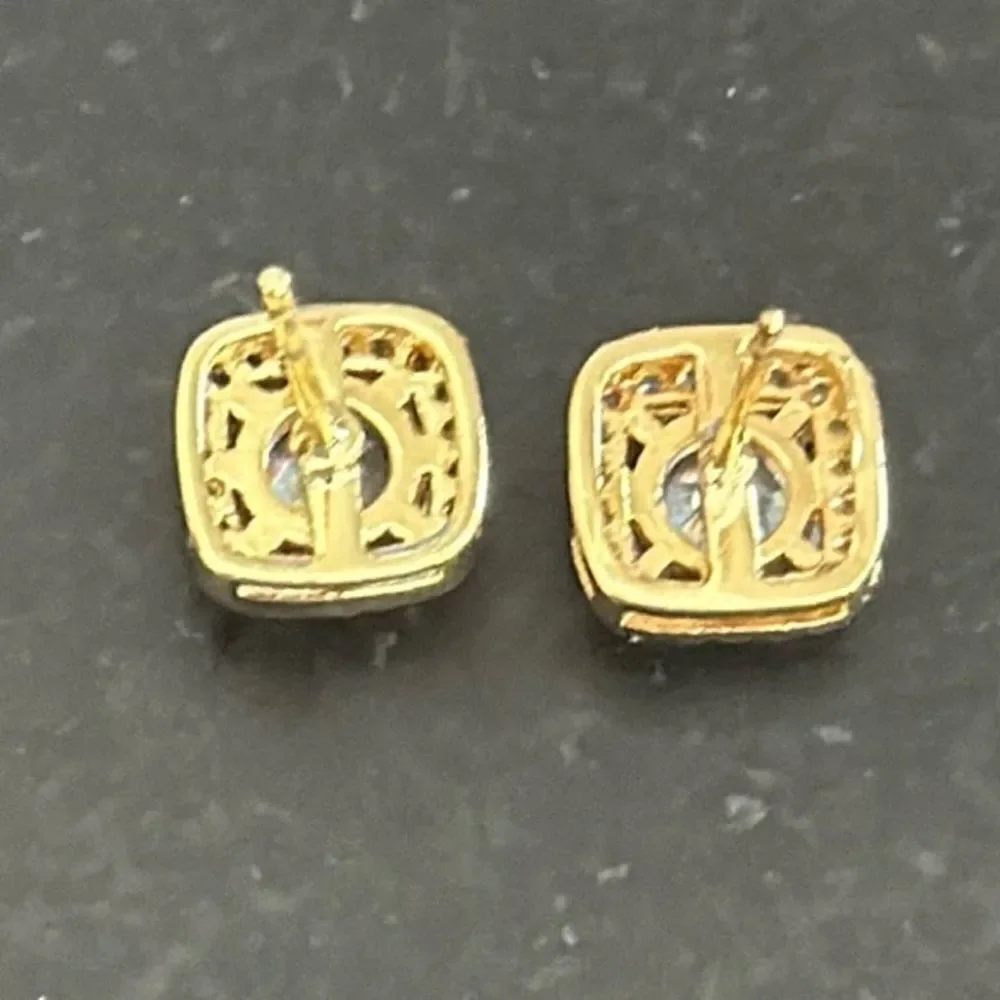 14k Gold Plated CZ Studs – .3” Square Cushion Halo Earrings for Men